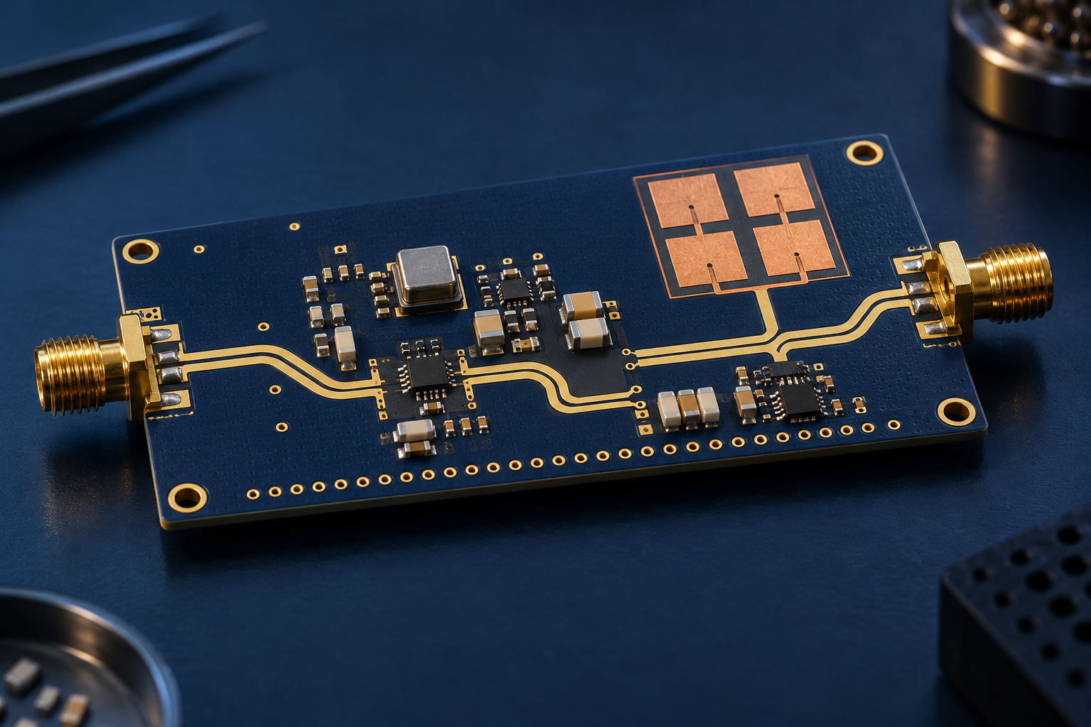 Concept illustration of an RF circuit board with gold traces and edge connectors