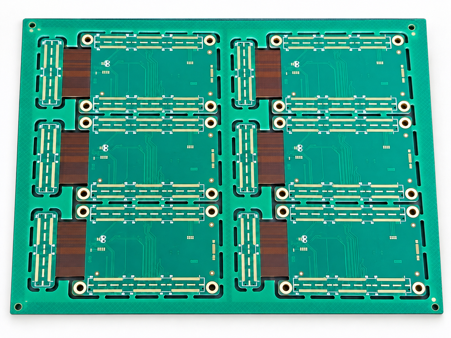 Photo-based illustration of a green rigid-flex circuit panel